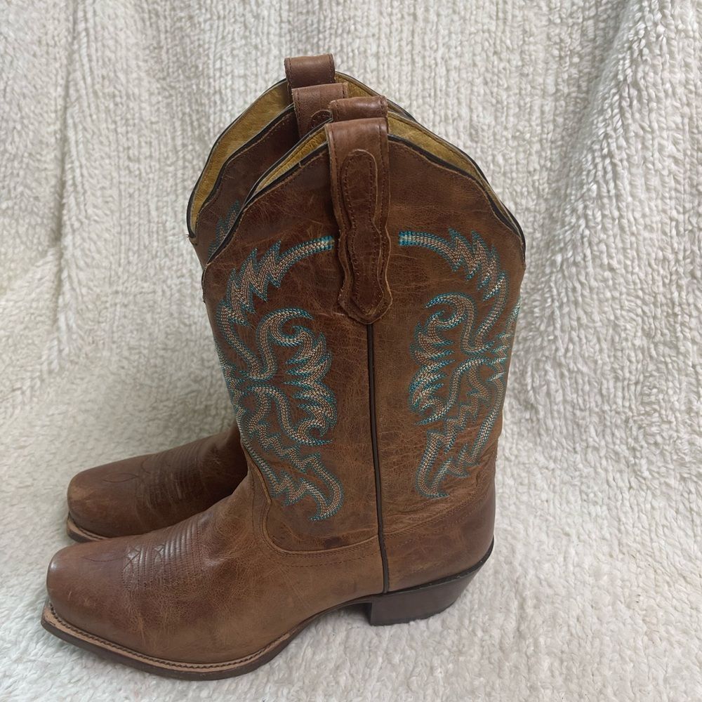 Nocona Brown Leather Cowboy Boots with Turquoise & tan Stitching SZ9.5B